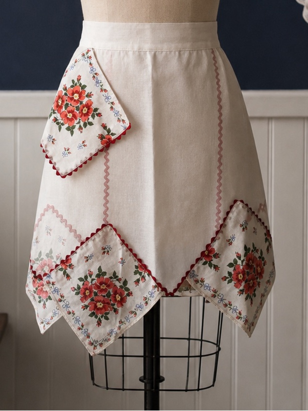 Vintage White Sheer Organza Half Apron Red Floral Hanky Hem Ric-Rac Detail